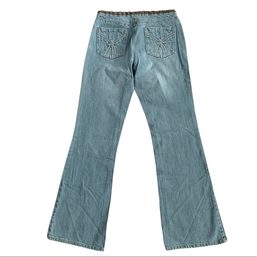Vintage Y2K Low Rise GAP Womens Light Blue Flare Jeans Boho Leather Braid Accent